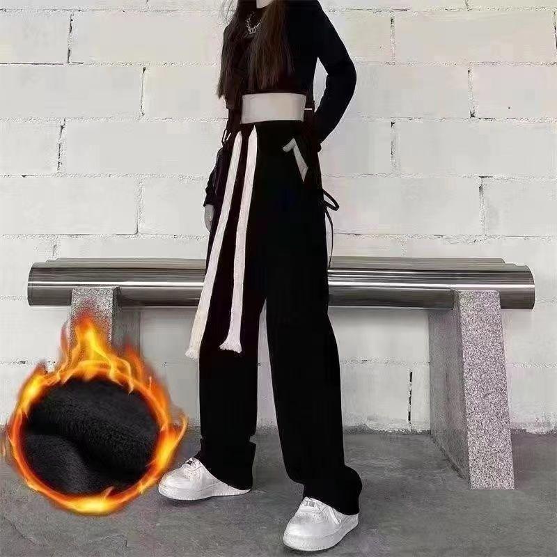 Colorblock Winterset: Lässiger Baumwollmantel im koreanischen Stil & Jeans mit Kordelzug für Studentinnen