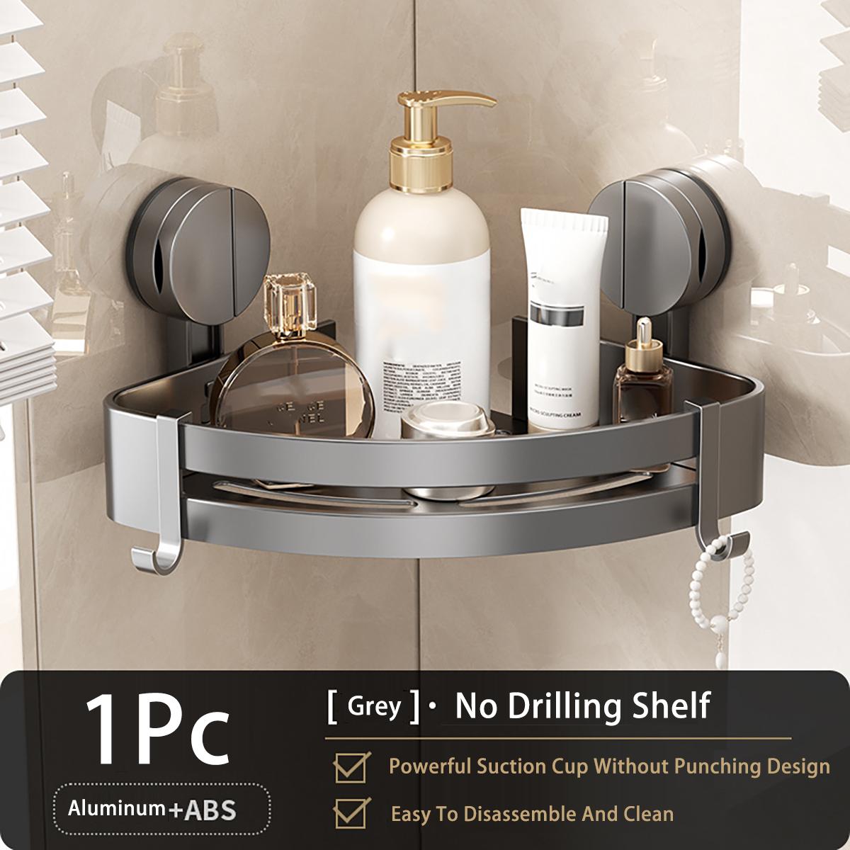 

Легко устанавливаемая алюминиевая угловая полка с присосками, не требующая сверления, с крючками, мусорная полка для организации ванной комнаты серый