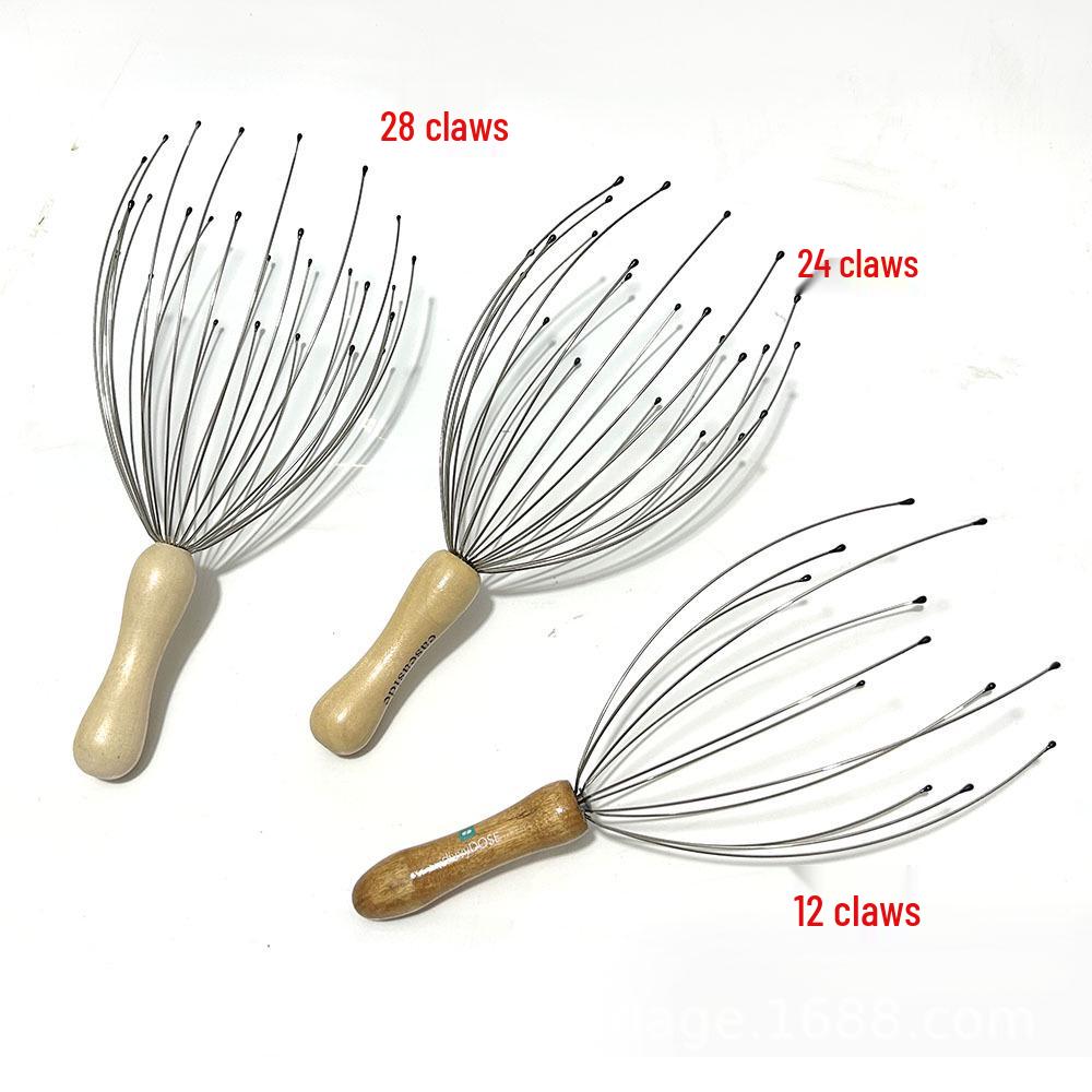 Drewniany masażer do skóry głowy Ośmiornica z 28 kolcami i 24 chwytakami z rączką z litego drewna