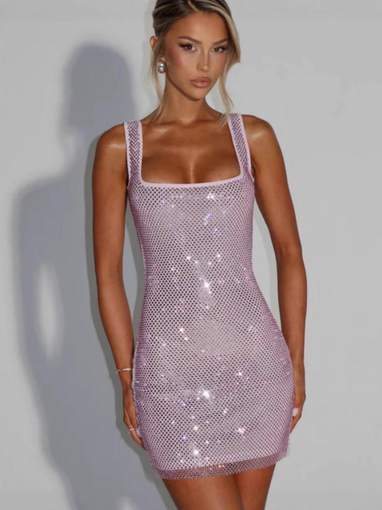 Abito alla Moda Trendy a Colore Solido con Rilievo a Diamante e Spalline Sottili per Donna Inverno Nuovo Sexy Schiena Scoperta Senza Maniche Chic Aderente
