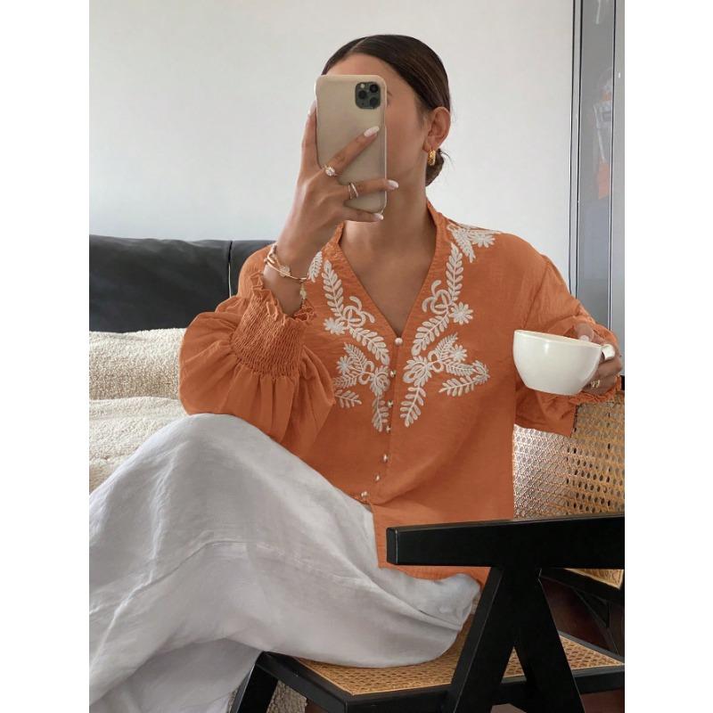 2026 New Style V-neck Solid Color Heavy Embroidered Pearl Single-breasted Lantern Long-sleeved Top