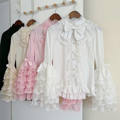 Gothic & Sweet Lolita Shirt Long Sleeve Ruffled Blouse for  Dresses, Kawaii Doll Lace Top with Puff Sleeves In Pink/White