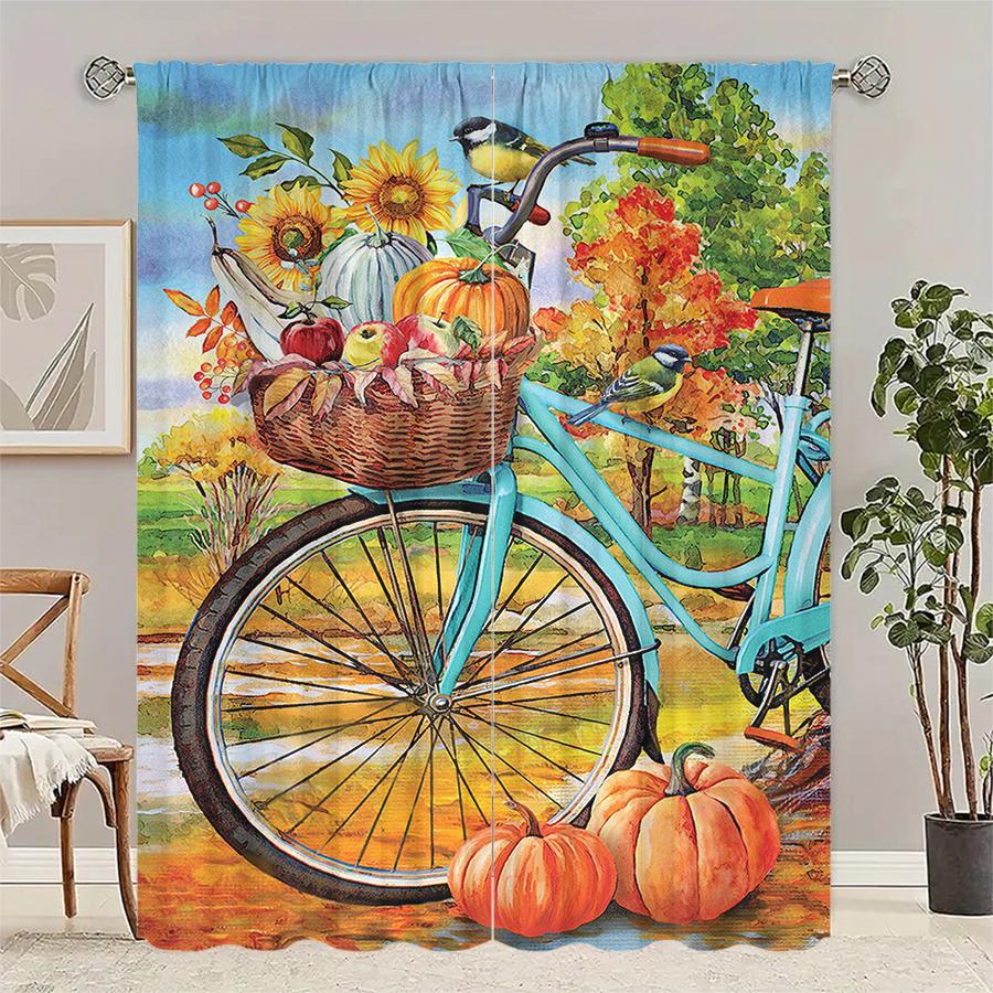

Christmas pumpkin and bicycle printed curtains Christmas decorations home decorations room decorations 100*130 Rod Pocket 1pcs