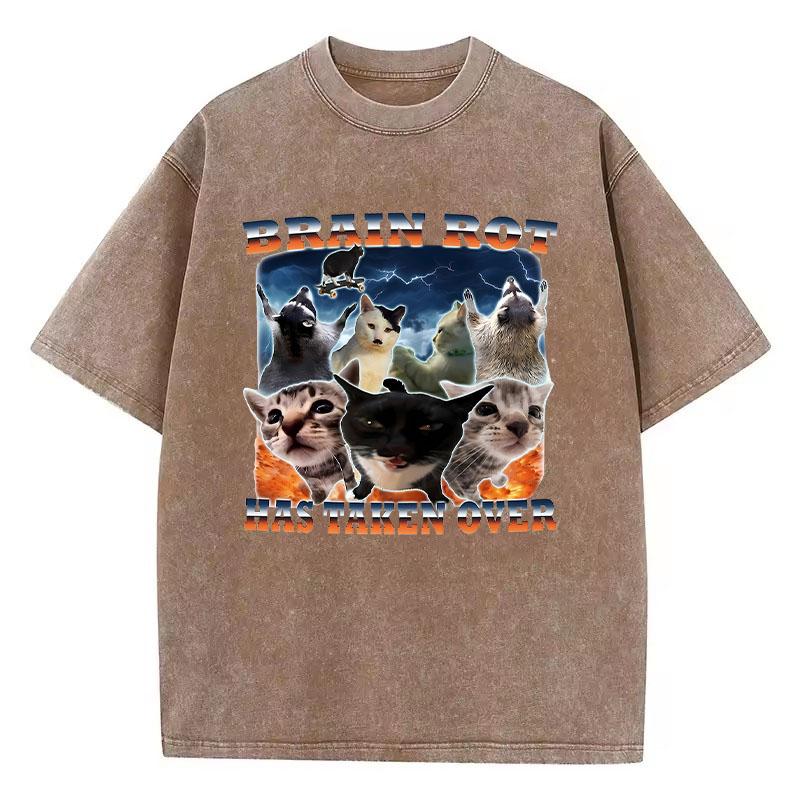 T Shirt Vintage Washed Cotton T-Shirt Graphic Brain Rot Has Taken Over Cat Graphic Tee Casual Streetwear Spring Summer Fall