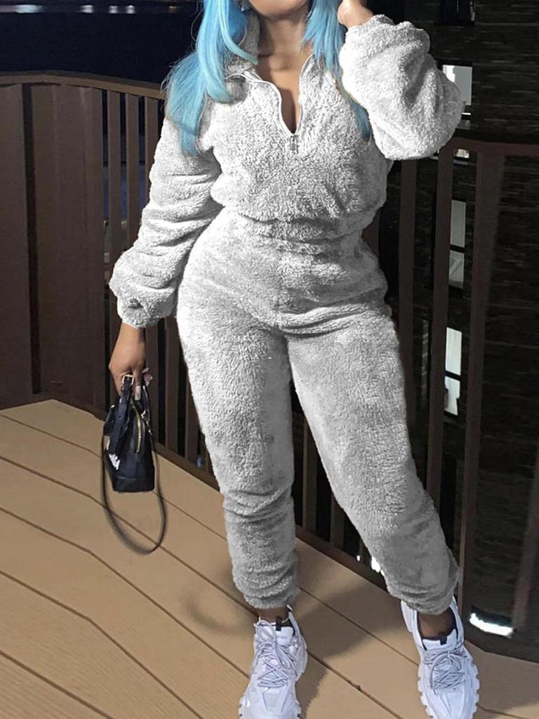 European & American Women's Solid Color Long Sleeve Plush Suit - Autumn/Winter Fashion Casualwear