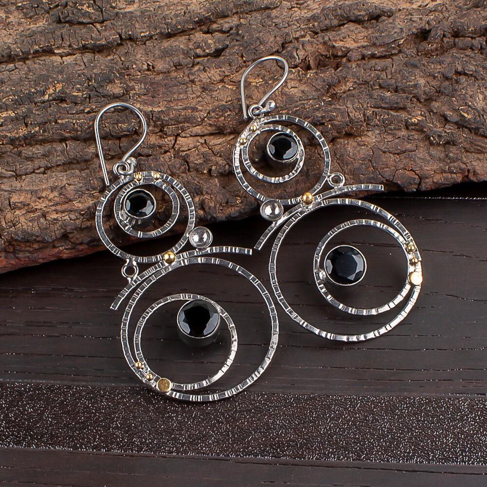 

Драгоценный камень Черный Оникс Ювелирные изделия из серебра 925 пробы Ручная работа Серьги-крючки 2,86 EE-76-4