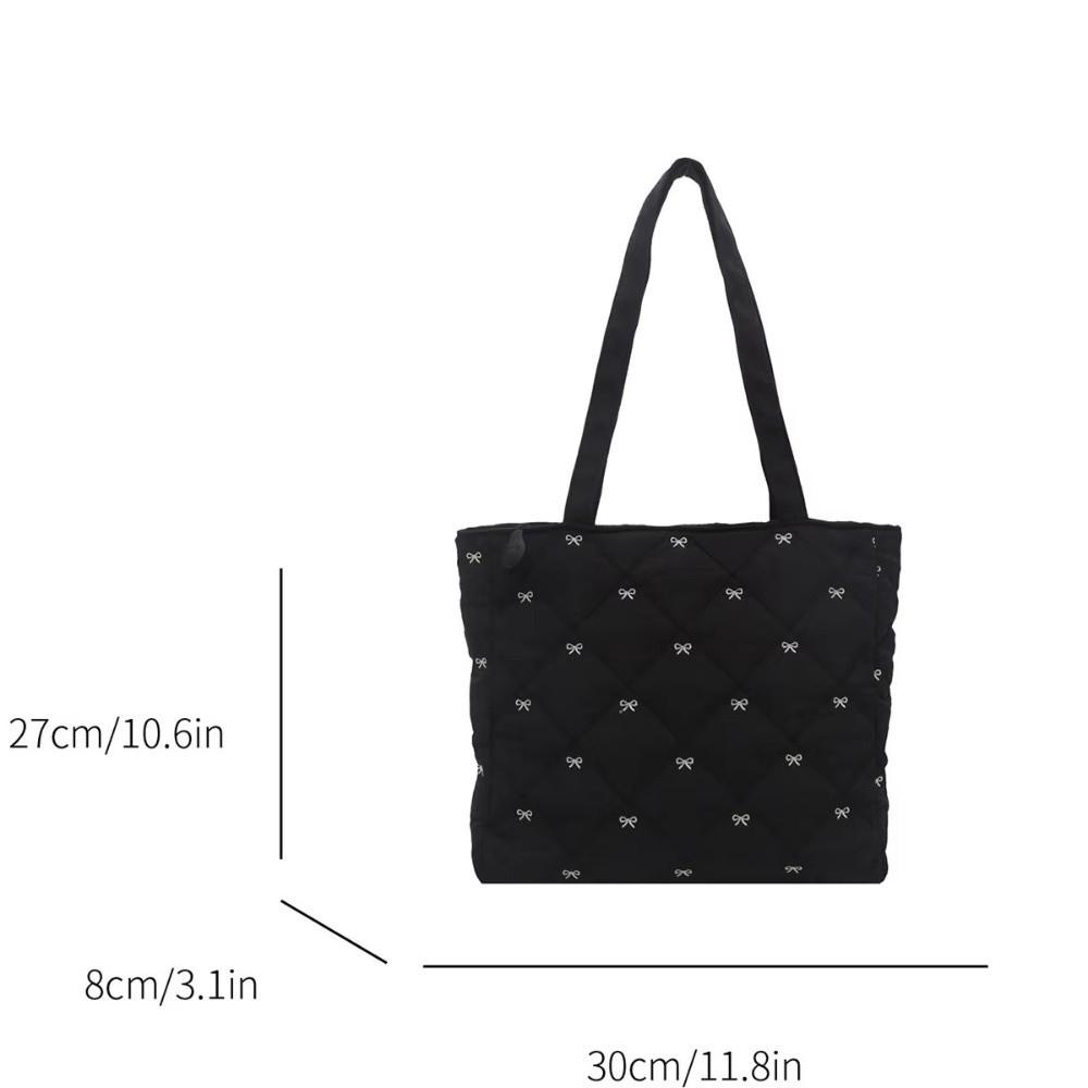 Casual Large Capacity Quilted Tote Bag Solid Color Argyle Pattern Shoulder Bag Bow Embroidery Lightweight Handbag