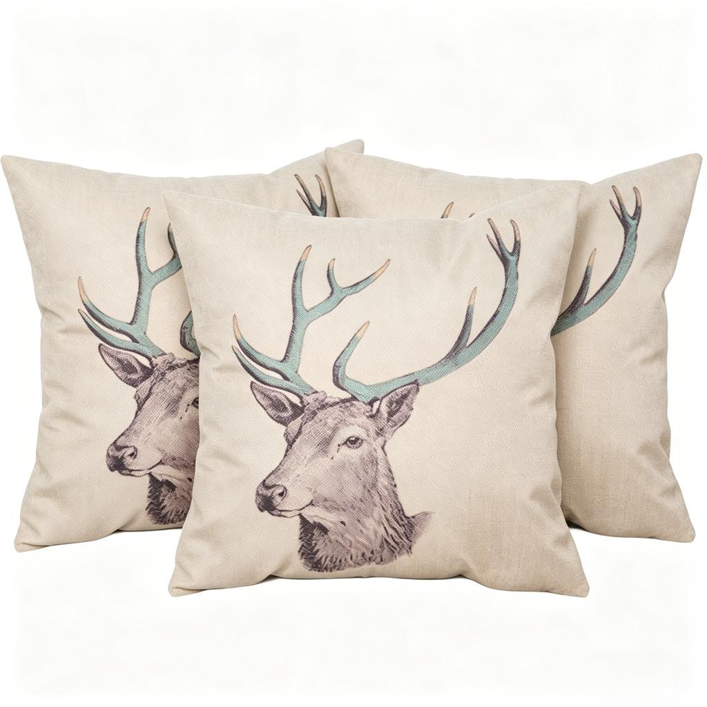 Vintage Deer Head Throw Pillow Cover, Rustic Linen Cushion Cover for Farmhouse & Cabin Home Decor