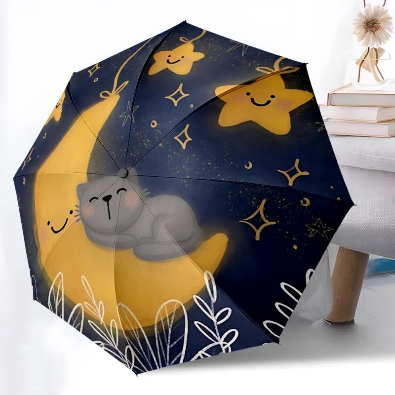 1pc Moon Cat Automatic Folding Umbrella - Compact 8-Rib Design, Durable Plastic & Iron, Lightweight for Outdoor Daily Use077