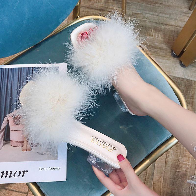 Wear one-word crystal high-heeled cool slippers Internet celebrity thick heel fairy wind fluffy slippers 2025 autumn and summer new