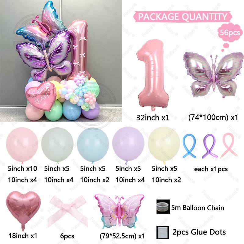 56pcs/set Butterfly Number Balloon Set Pink Numbers 1-9 Purple Butterflies for Valentine's Day Anniversary Birthday Party Decors