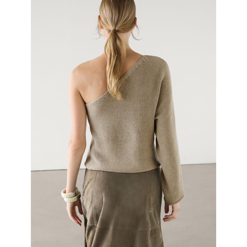 MD Spring New Female Normcore Cold Feeling Asymmetric Design Diagonal Collar Shoulder-Baring Sweater Tops 5712616