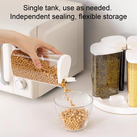 360-Degree Rotating Grain Dispenser Dry Food Storage Bin with Lids Cereal Dispenser with 6 Sealed Containers