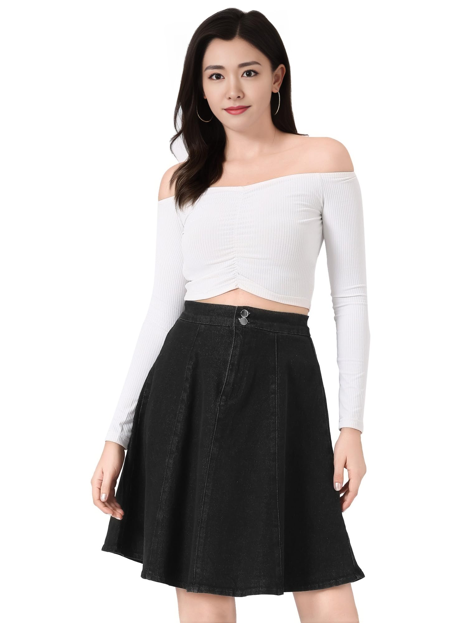 

Allegra K Mini Skirt, Denim Skirt, Summer Pleated Skirt, Slimming, Stretchy, A-Line, Elegant, High-Waisted, Casual, Women s, Black, XL