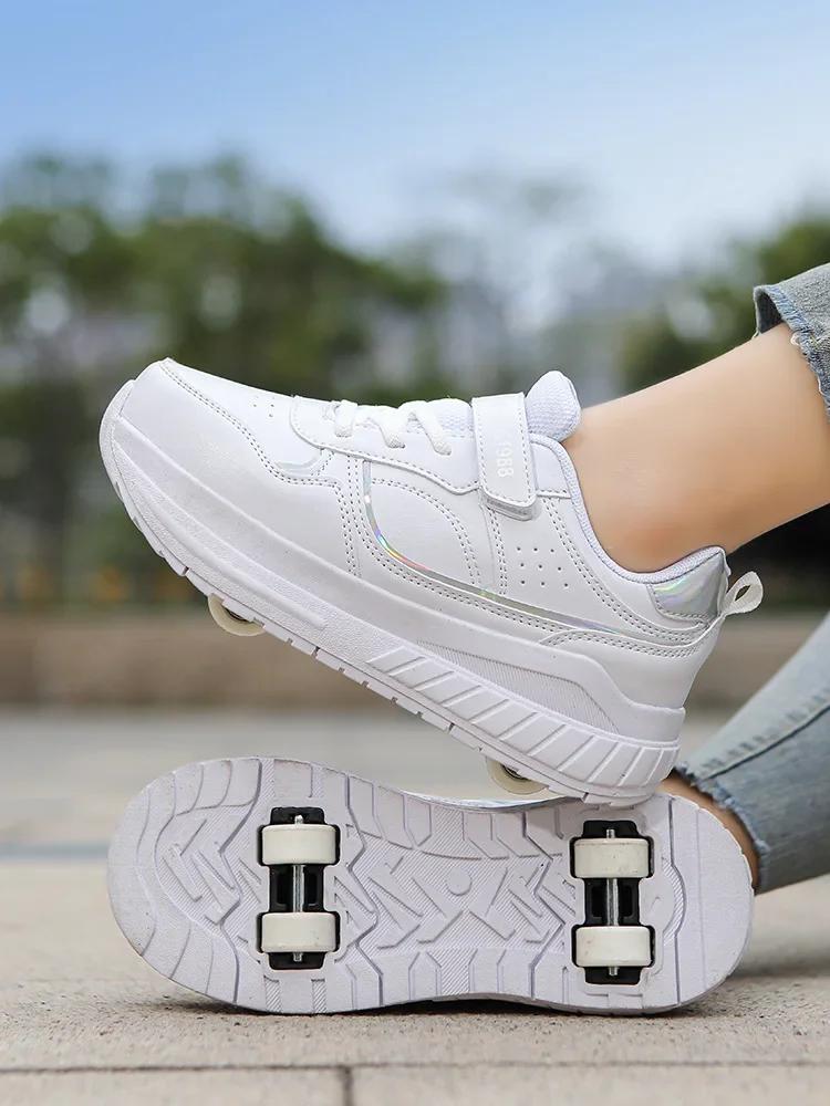 

New Four Wheels Women & Girls PU Leather Children Roller Shoes Fashion Boys Sneakers Breathable Kids Skates Size 30-40 30