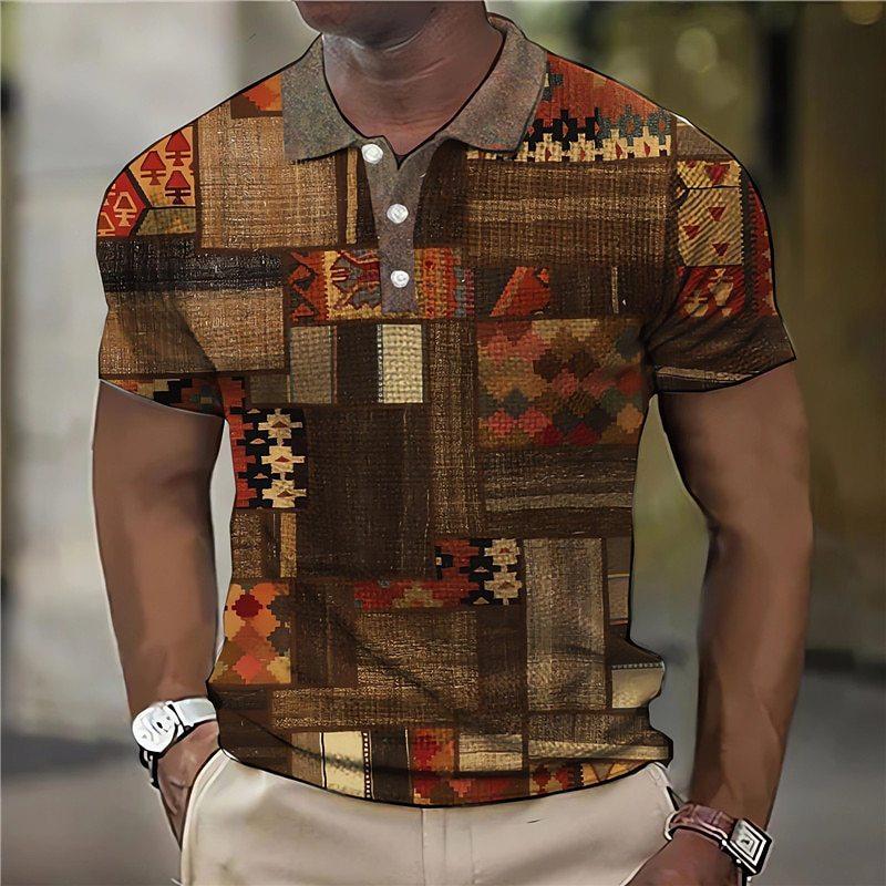 Retro Multi-color Block Splicing 3D Digital Printing Men's Casual Polo Shirt