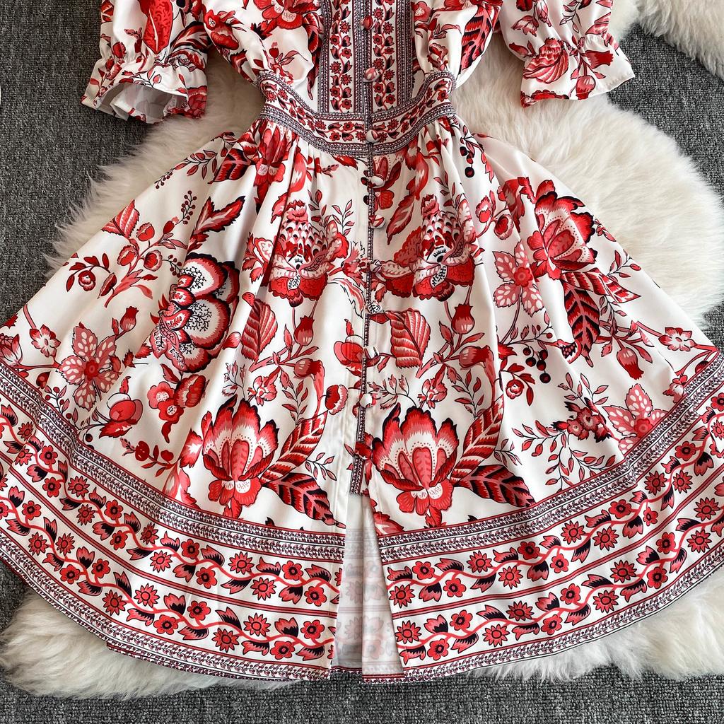 Summer Women Designer Vintage Print Runway Dress Elegant V-neck Single Breasted Party Dresses