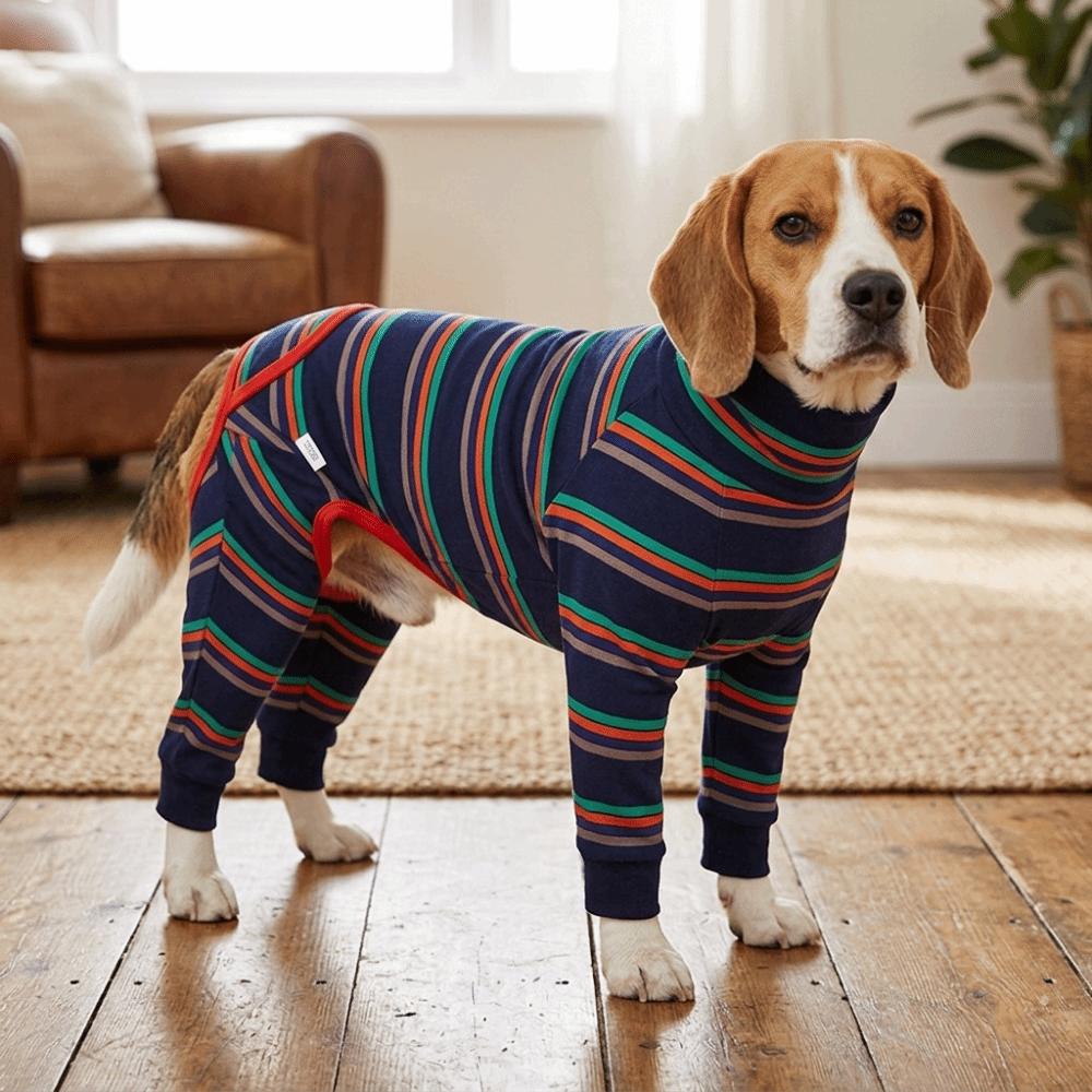 Dark Blue Striped Pet Jumpsuit High Stretch Large Dog Bodysuit Dog Pajamas Post Recovery