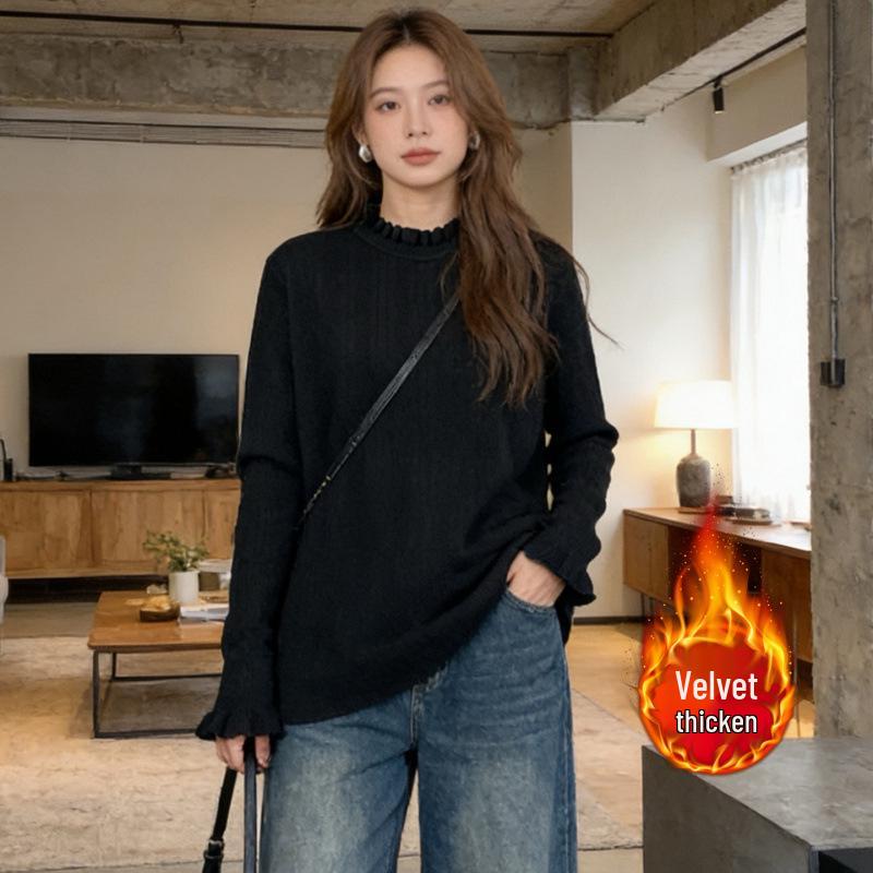 2025 Winter Plus Size Women s Half-High Collar Knit Sweater with Velvet Lining 3XL чёрный