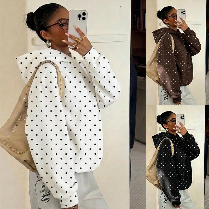 Women S Loose Fit Polka Dot Print Hooded Sweatshirt