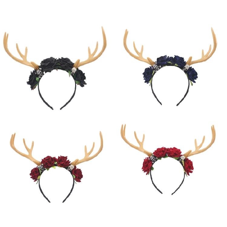 Gothic Flower Skull Headdress Deer Horn Headband Halloween Party Accessories