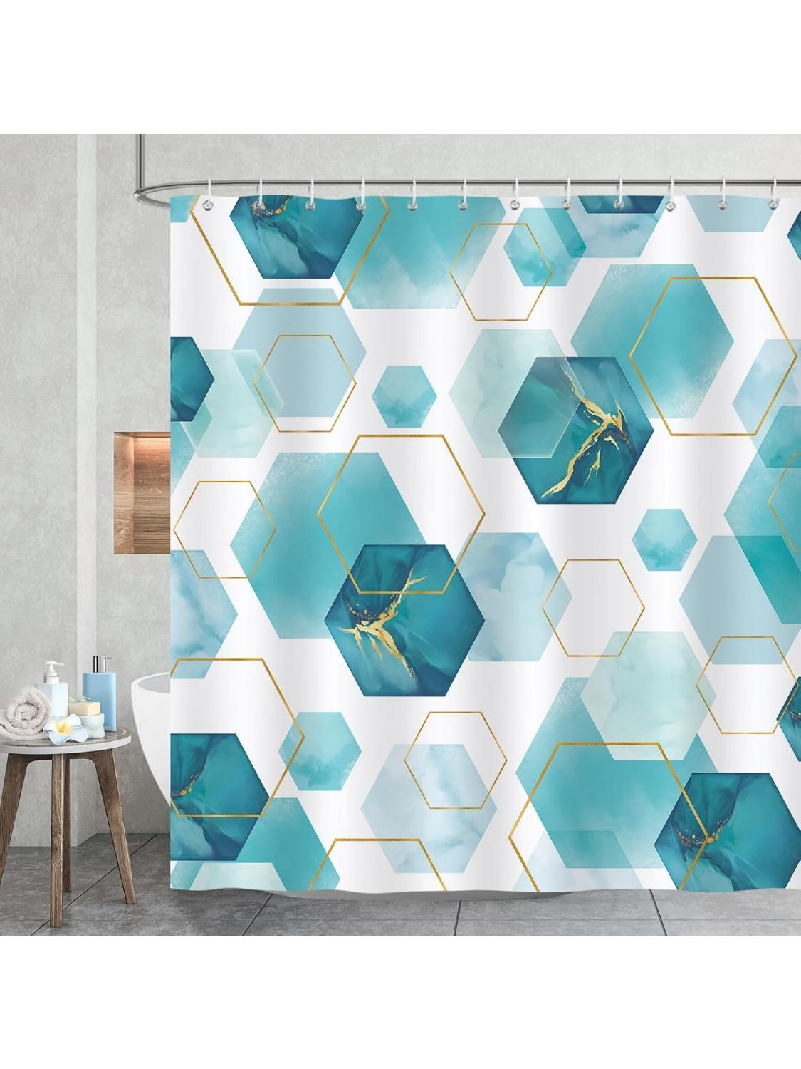 

Teal Shower Curtain, Modern Geometric Art Blue Gold Hexagon Abstract Bathroom Decor Polyester Fabric Waterproof Bath Curtain W60H190(CM)-1 Pcs