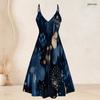 Women Plus Size Two Piece Set Short Sleeve Draped Cardigan Strappy V Neck Flared Printed Dress Dark Blue Gold