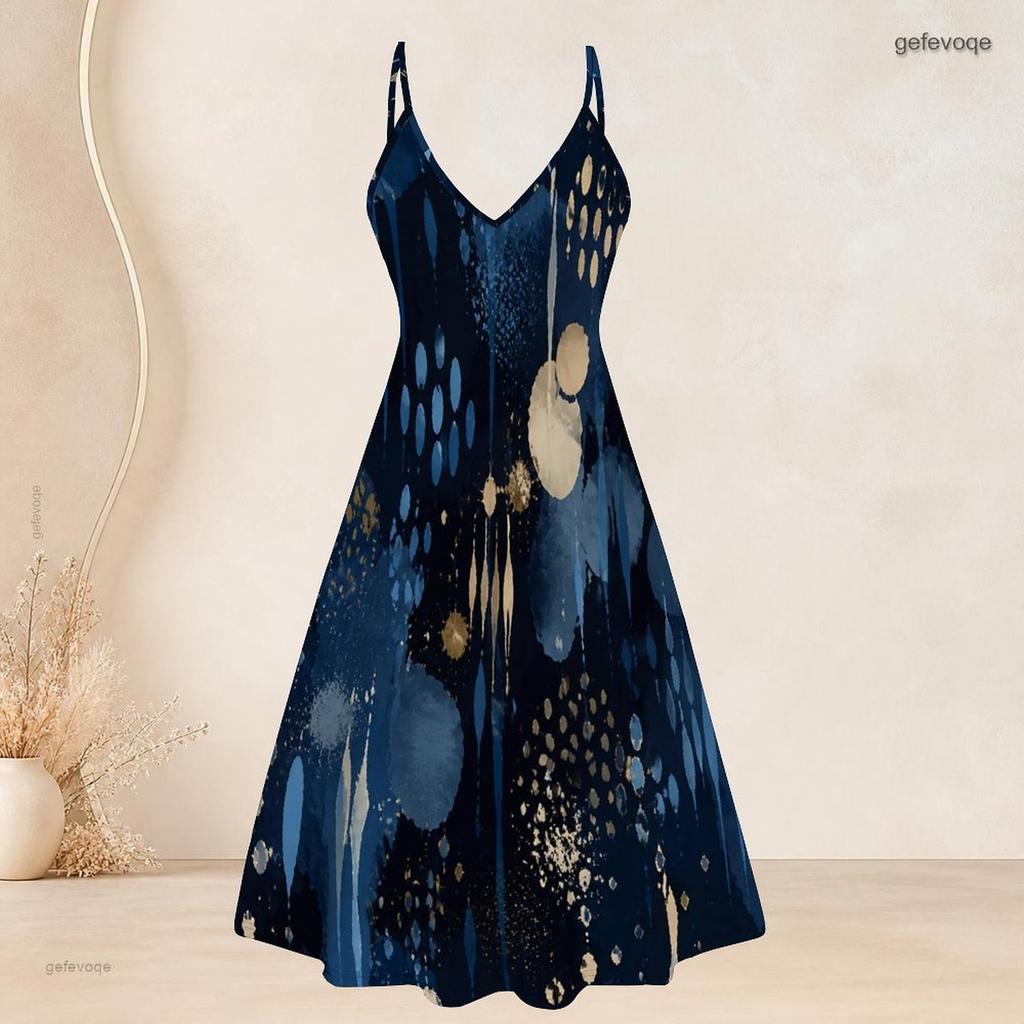Women Plus Size Two Piece Set Short Sleeve Draped Cardigan Strappy V Neck Flared Printed Dress Dark Blue Gold