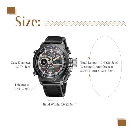 Men's Military Arm Watch: Double Display Digital Outdoor Tactical Watch LED Luminous Quartz Watch Waterproof Large Leather Band Steam Punk Cool Black