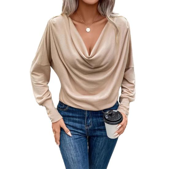 

Yousheng Women Tops Pure Color Stacked Collar Long Sleeve Loose Fit Blouse Mid-length Casual Inner Tops Daily Wear M абрикосовий
