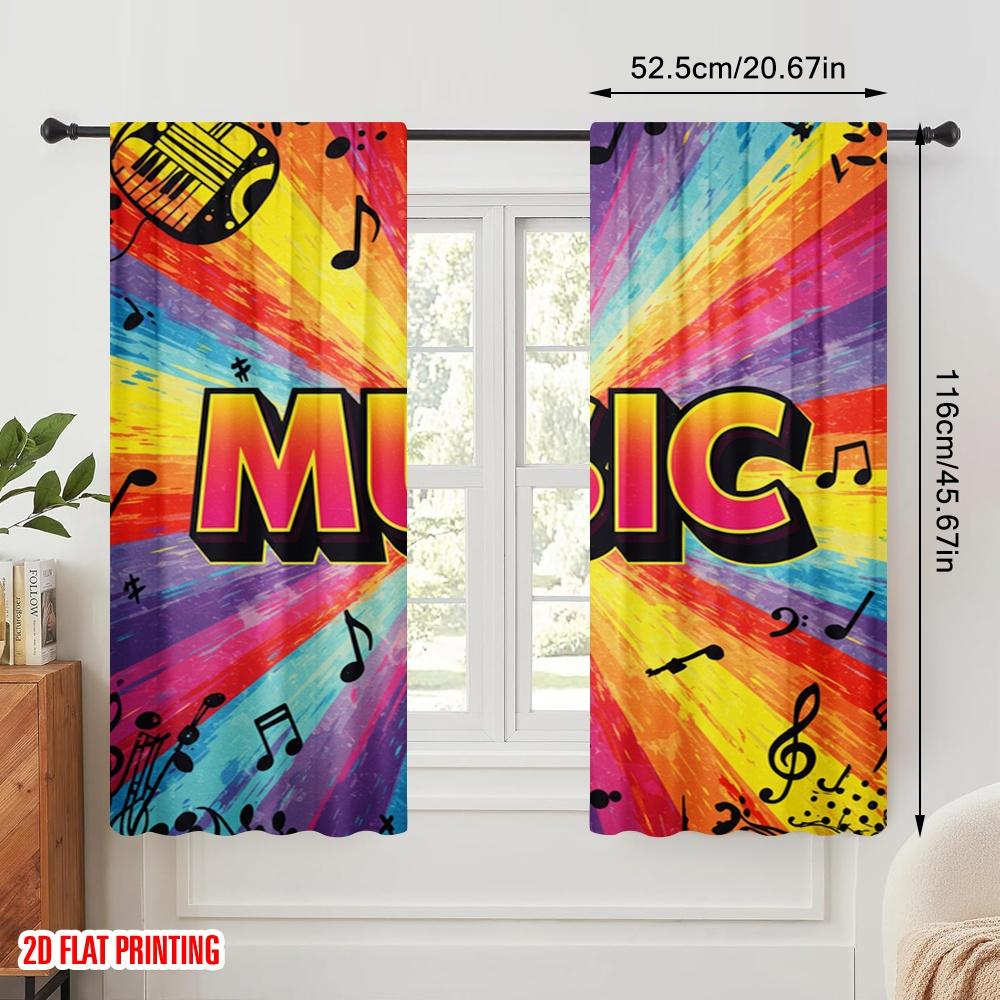 2pcs 2D Flat Printing Window Curtains Music Notes Guitar Instruments Polyester Without Electricity Festive Curtains for
