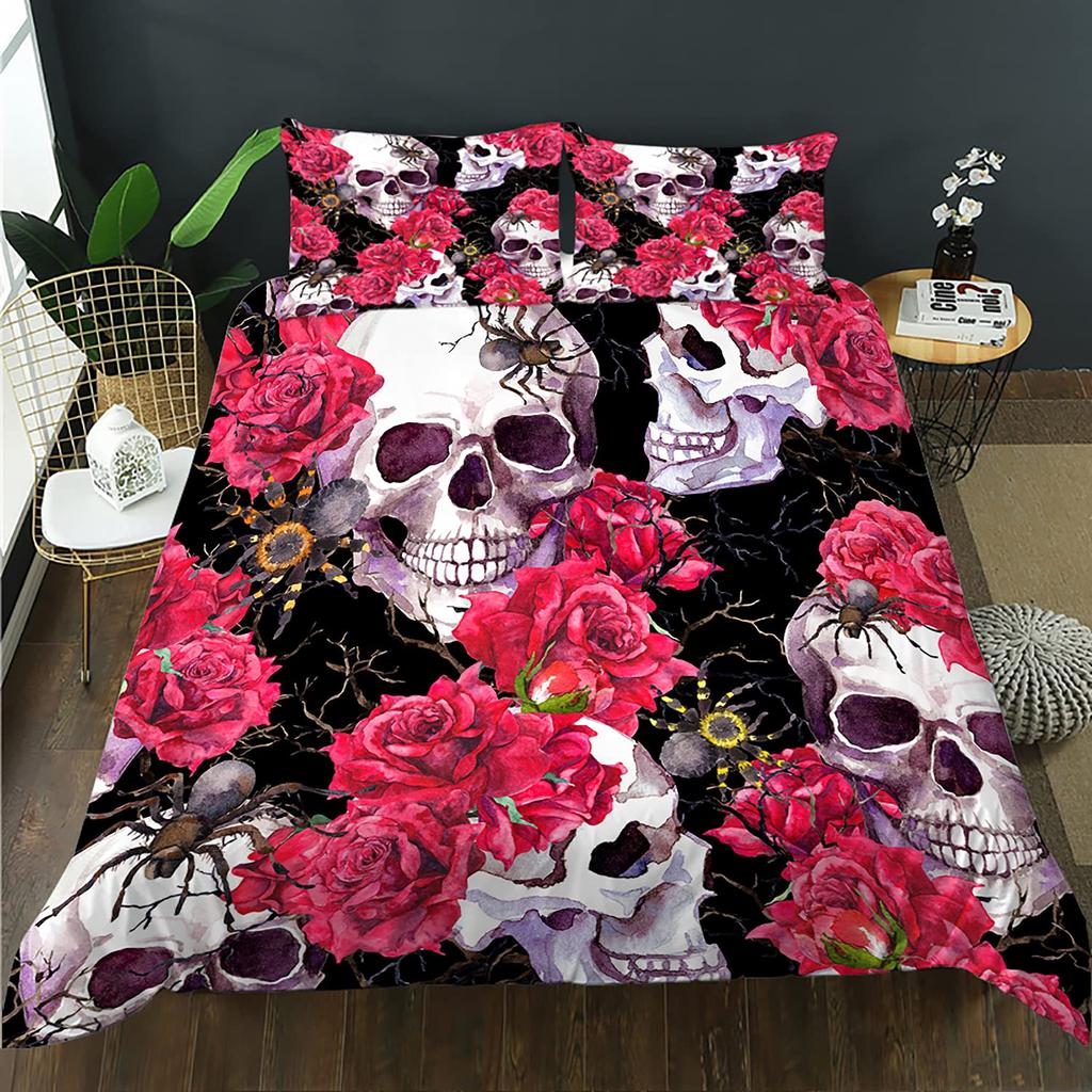 Schädel Rose Skelett Thema Bettbezug Set Polyester Bettdeckenbezug mit Kissenbezug für Kind Junge Teenager King Queen Size Bettwäsche Set