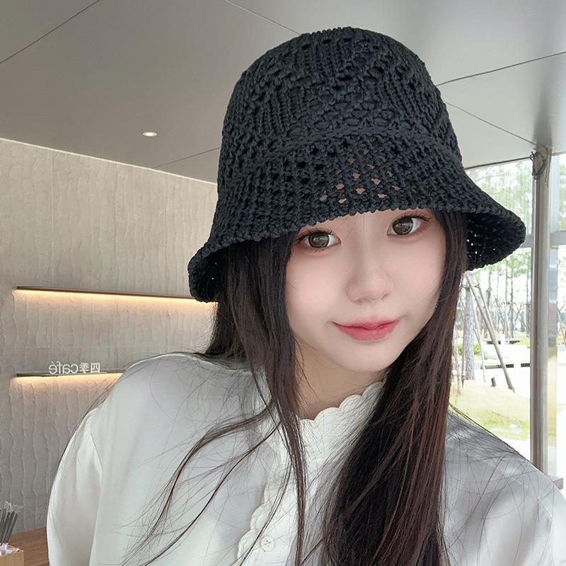 Hollow knitted bucket hat women's summer breathable thin face small bucket hat travel beach versatile sun hat