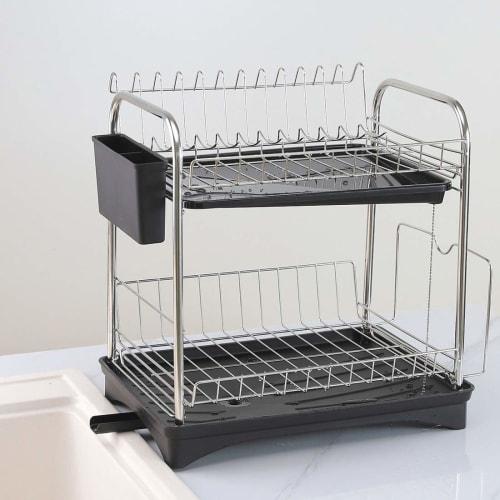 Leimish Two-Tier Dish Drainer, Stainless Steel, Rust-Proof, Automatic Drainage, Dish Drainer, Dish Holder, Chopstick Holder, Large Capacity, Kitchen S