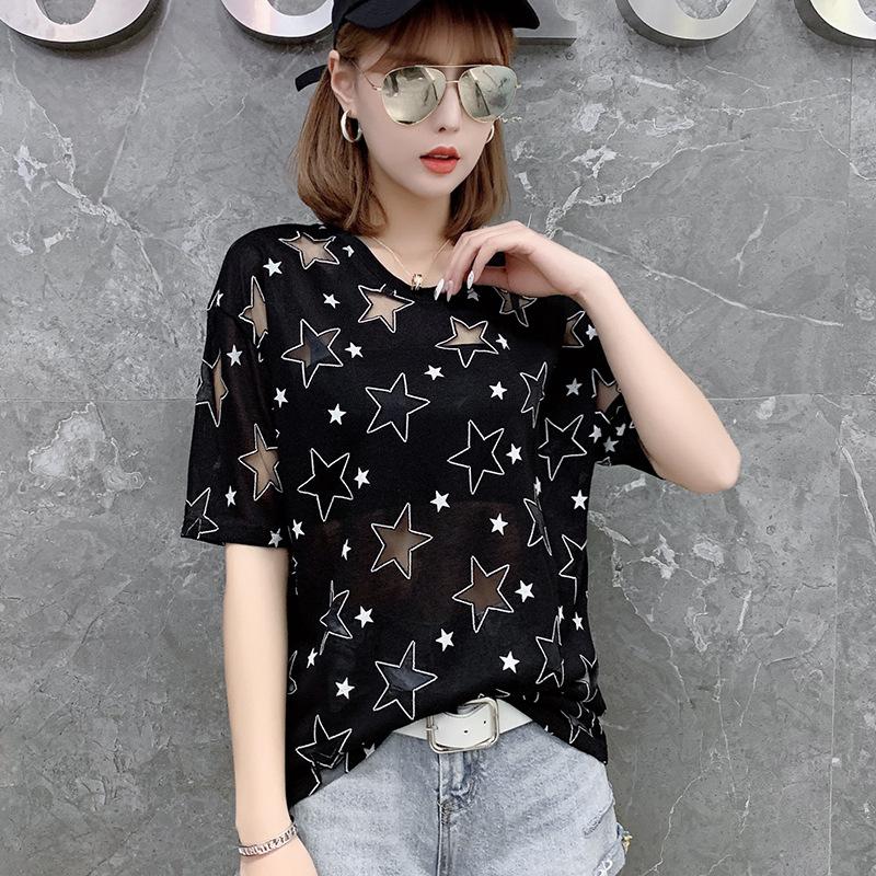 

New Personalized Hollow Texture Summer Versatile Round Neck Short-sleeved T-shirt Women s Top 3XL чорний