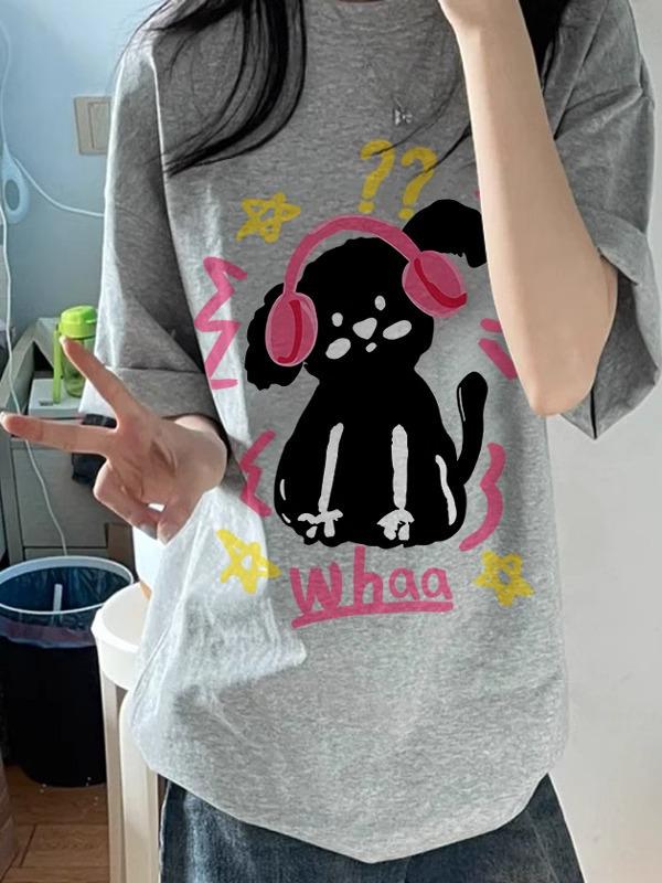 Women's Gray Cartoon Hong Kong Style Loose Fit Short Sleeve T-Shirt - Summer 2025 Collection