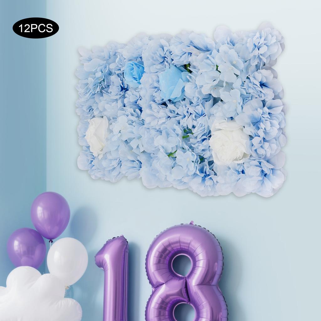 12-PCS Artificial Flower Wall Panel Blue White Silk Faux Dahlia Rose Hydrangea for Wedding Backdrop Party Decor Photo Booth