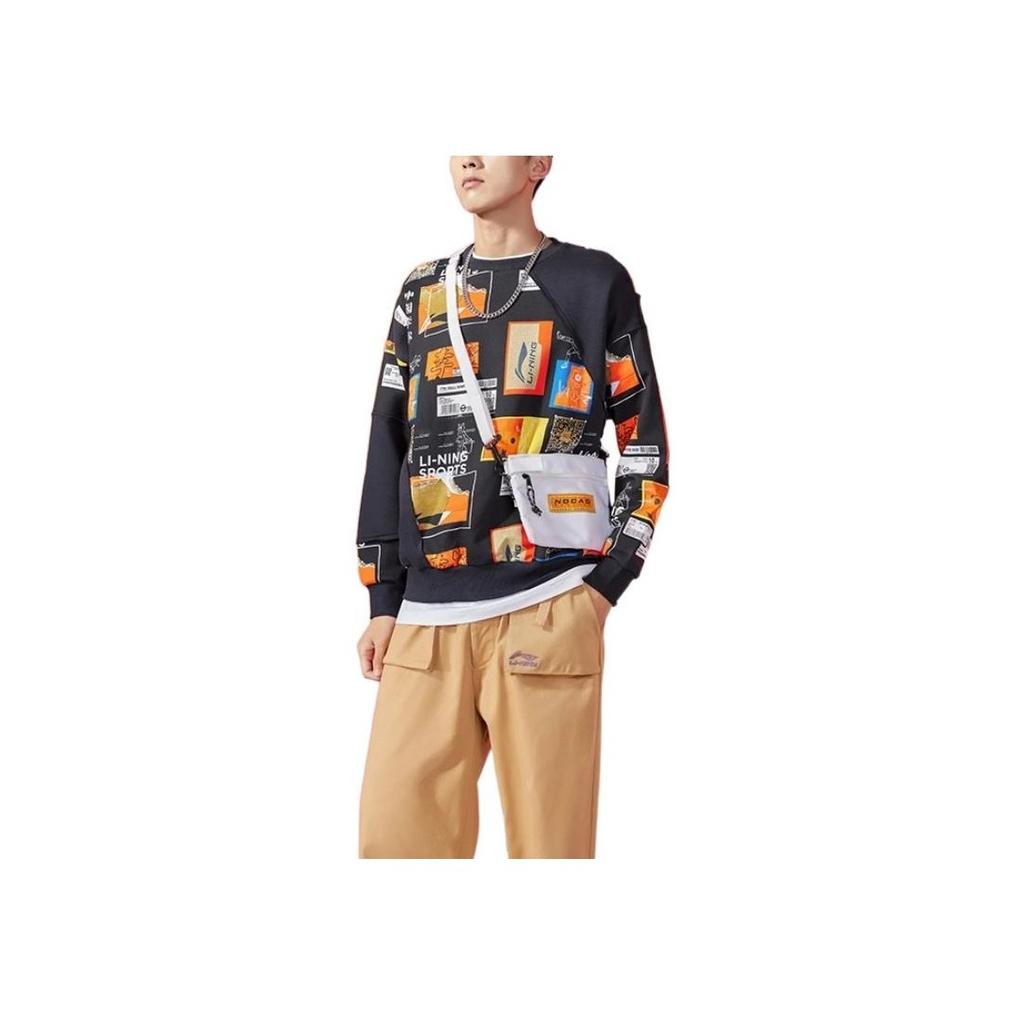 Li Ning Wade Series Pattern Print Spliced Loose Round Neck Sweatshirt Men Sweatshirt Black AWDRA83-1