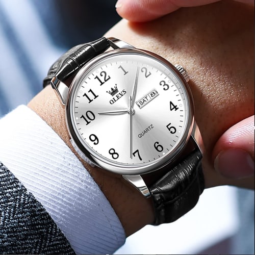OLEVS Men's Watch, Simple and Stylish, Waterproof, Analog, Black Leather Strap, Business Watch, Easy To Read, Date Display, Quartz Movement, Perfect G