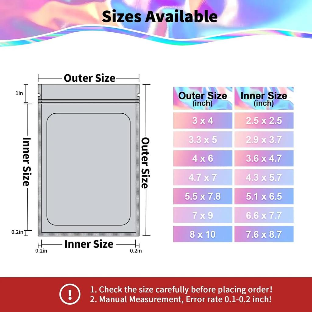 Resealable Holographic Rainbow Mylar Bags Smell Proof Ziplock Pouches for Food Storage and Party Favor Packaging