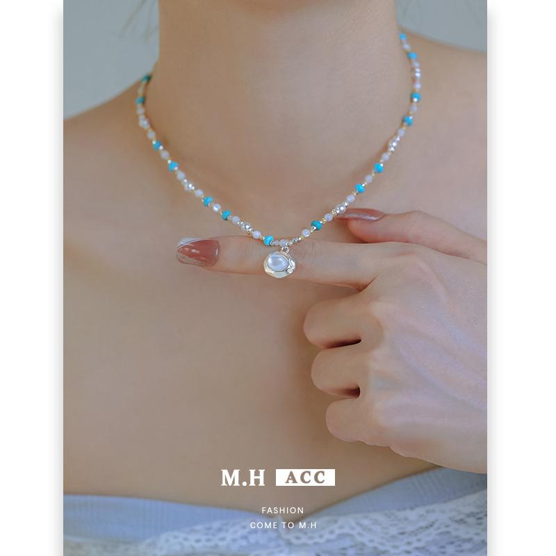 Fransk retro turkos pärlhalsband utsökt temperament mångsidig nyckelbenskedja halskedja grossist