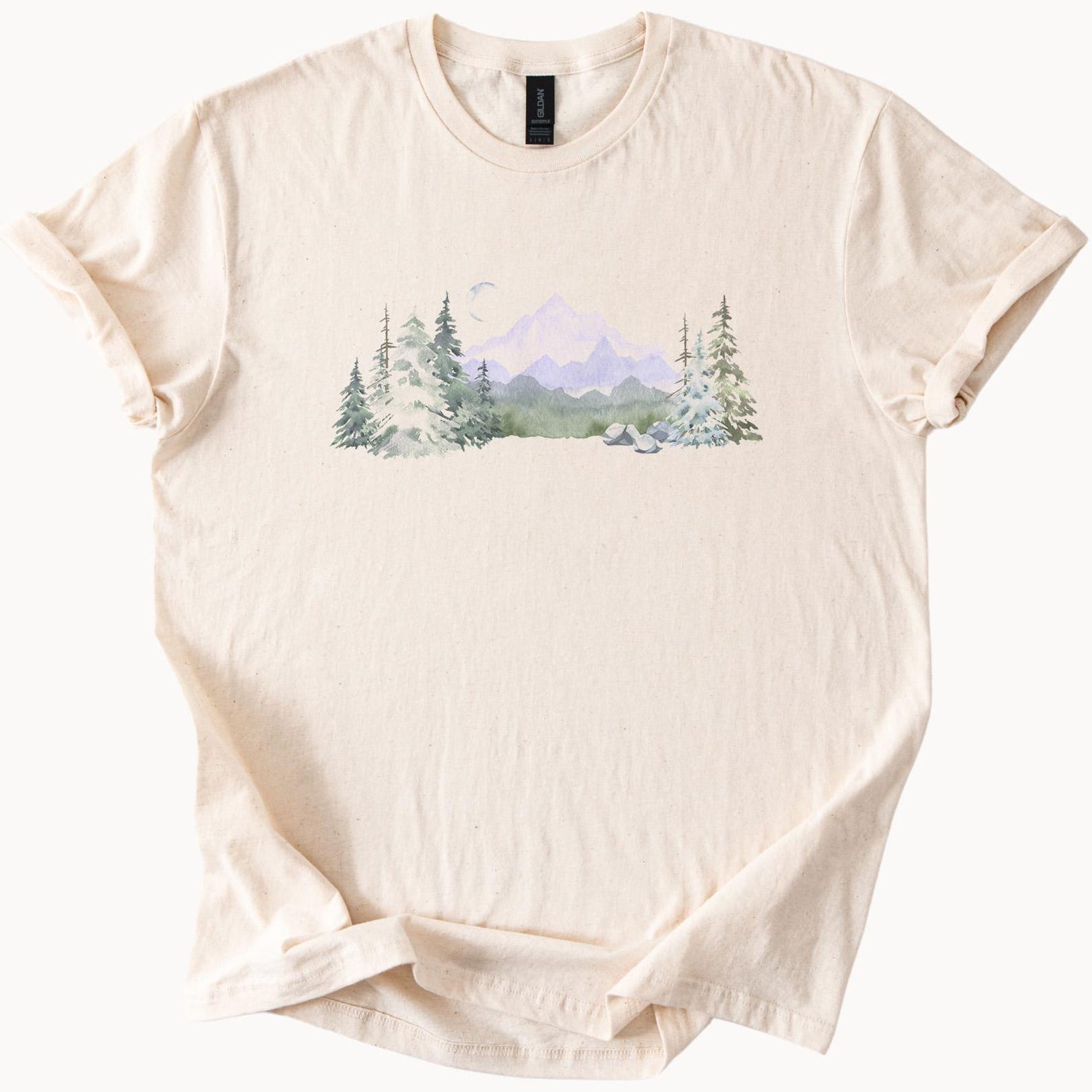 Mountain Landscape T Shirt with Pine Trees and Rocks Nature Graphic Tee Outdoor Adventure Shirt 160
