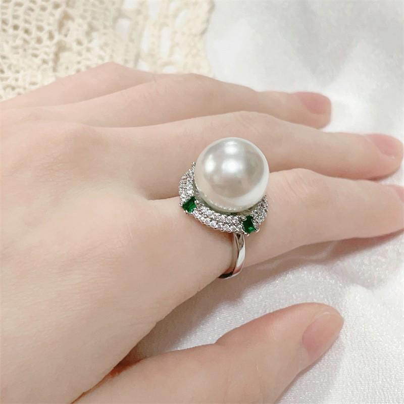 High-End French Emerald & Pearl Micro-Set Diamond Ring for Women – Internet Celebrity Style