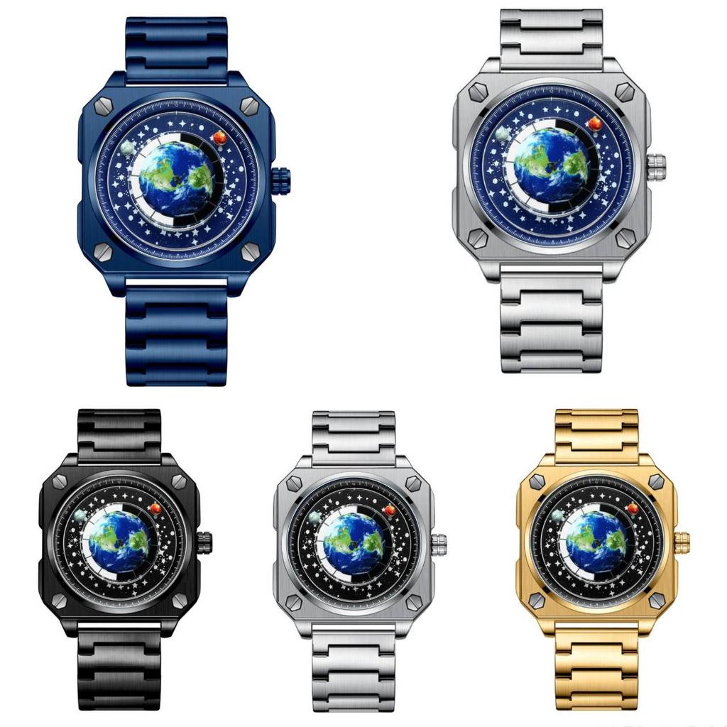 Concept Wandering Earth Pattern Watch Herren-Armbanduhr, quadratisch, blauer Planet, drehbar, Edelstahl, wasserdicht, Quarzuhrwerk