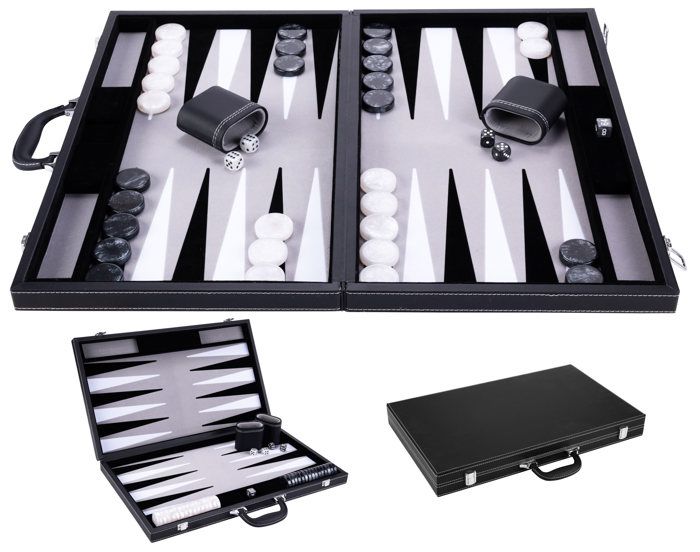 Backgammon 21 pouces - Jeu de société - Haute qualité - dés et jetons nacrés - gris noir et blanc