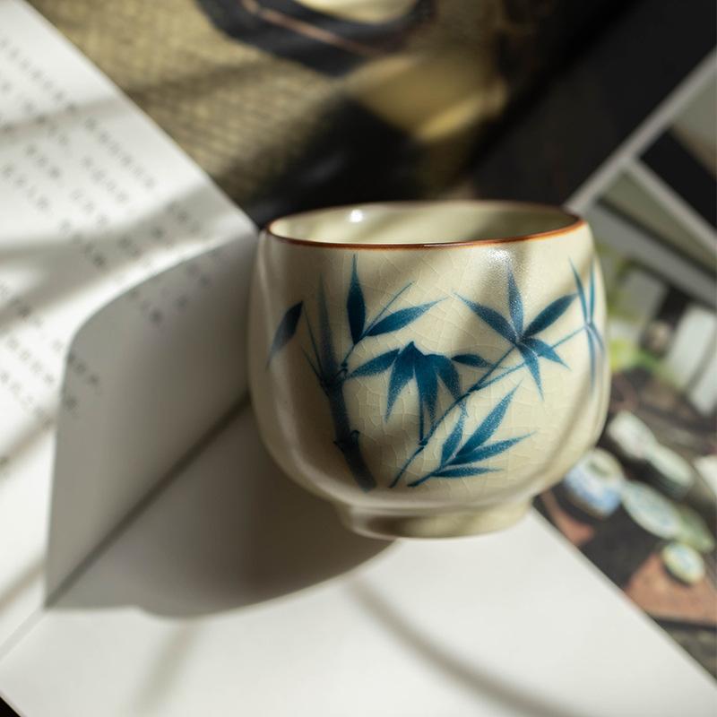 Huang Ru Kiln pure hand-painted bamboo teacup master cup ceramic high-end tea teapot cover bowl tea cup kung fu tea set