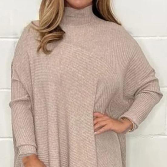 Women Tops High Collar Long Sleeve Solid Color Irregular Hem Pullover Tops Loose