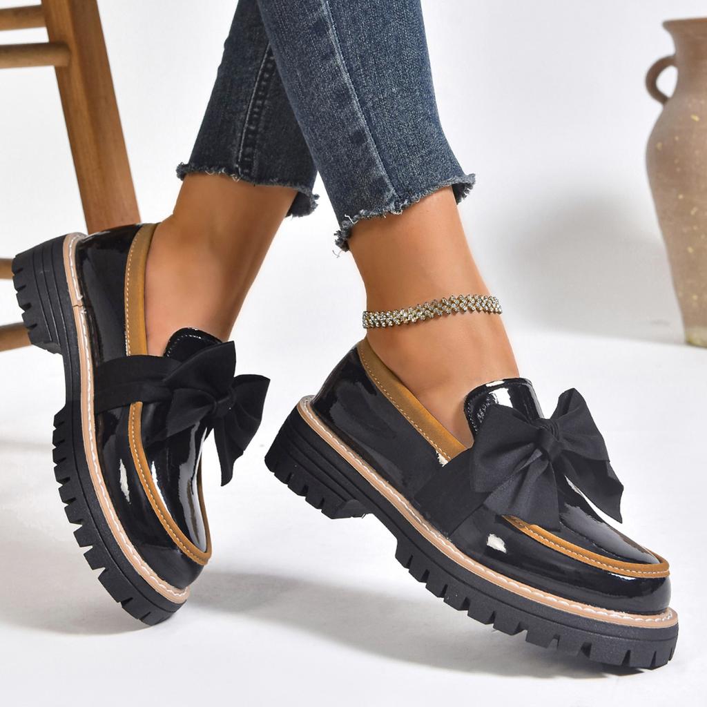 Modne Loafersy Duże Rozmiary na Wiosnę i Jesień Dla Kobiet Brytyjski Styl Kokardka Skórzane Buty Gruba Podeszwa Gruba Podeszwa Retro Buty