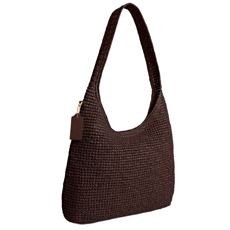 Coach Brown Woven Large Hobo Shoulder Bag with Embossed Logo for Daily Use