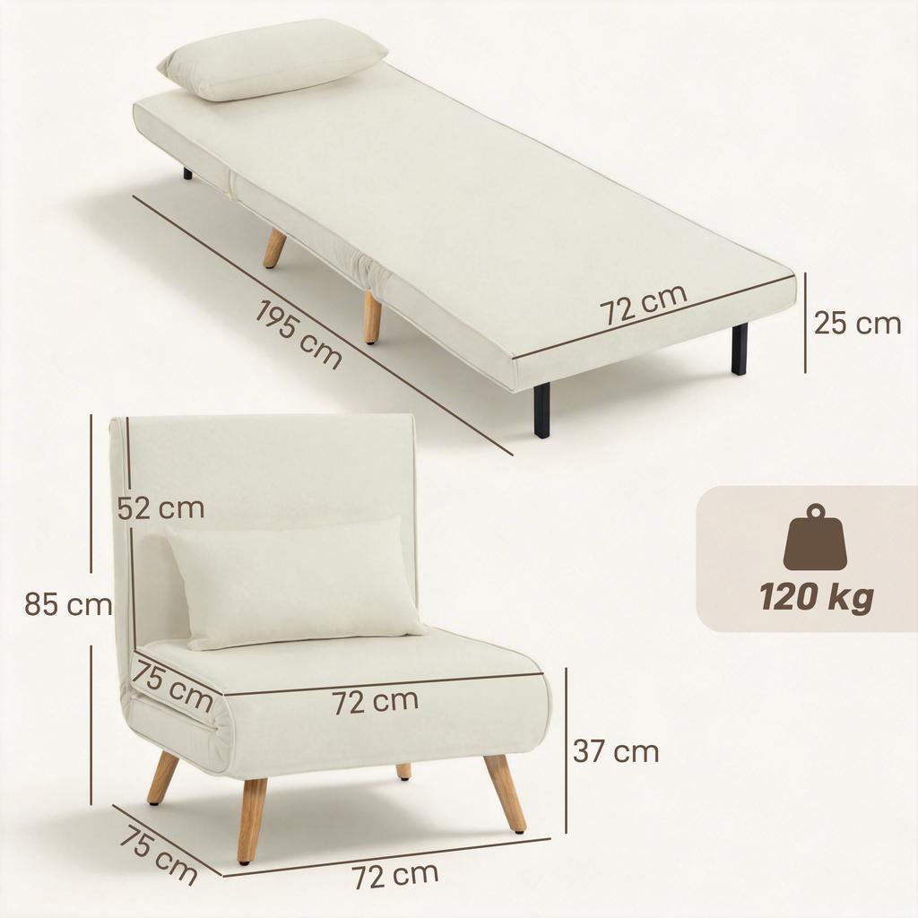 Convertible Chauffeuse Chair 3-in-1 Armchair Bed Single Bed 5-Position Backrest In Fabric with Cushion, Cream